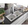 Mexen Mario granite sink 2-compartment with Aster kitchen tap, white - 6504-20-73450-70-B