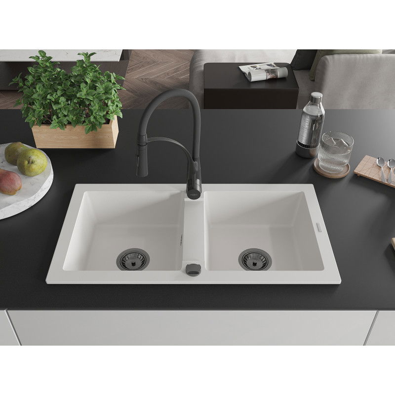 Mexen Mario granite sink 2-compartment with Aster kitchen tap, white - 6504-20-73450-70-B