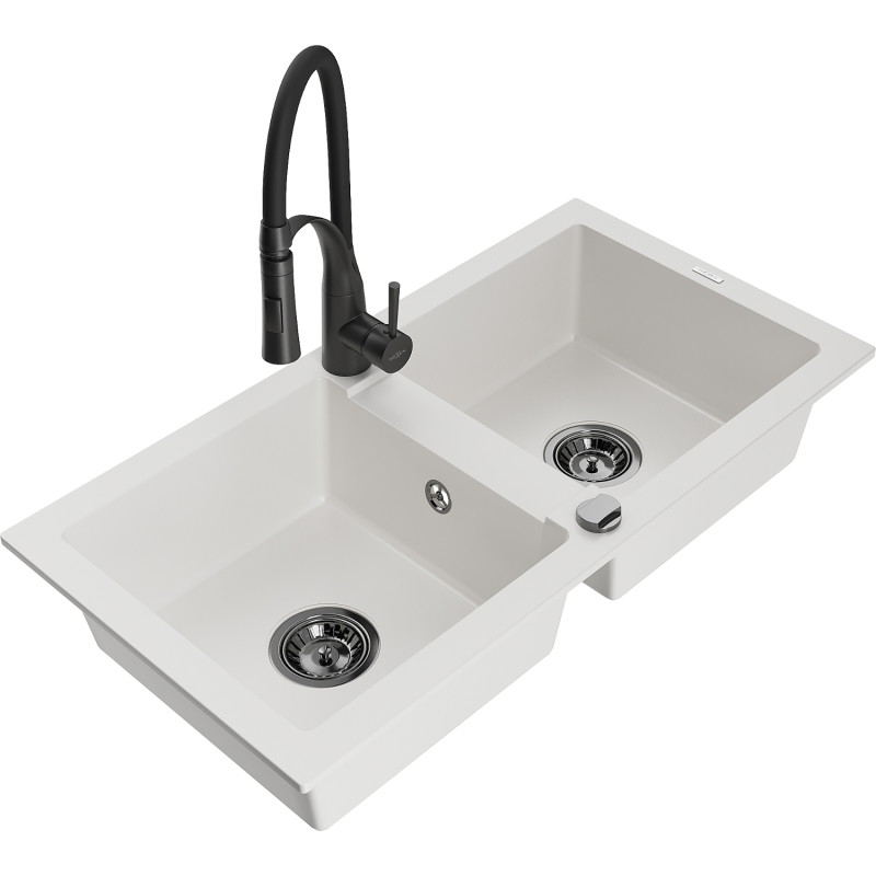 Mexen Mario granite double-bowl kitchen sink with Aster kitchen faucet, white - 6504-20-73450-70-B