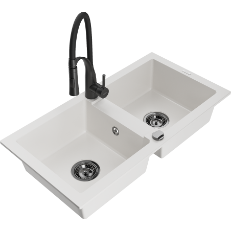Mexen Mario granite double-bowl kitchen sink with Aster kitchen faucet, white - 6504-20-73450-70-B