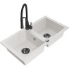 Mexen Mario granite sink 2-bowl with kitchen faucet Aster, white - 6504-20-73450-70-B