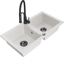 Mexen Mario granite sink 2-compartment with Aster kitchen tap, white - 6504-20-73450-70-B