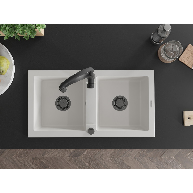 Mexen Mario granite sink 2-bowl with kitchen faucet Aster, white - 6504-20-73450-70-B