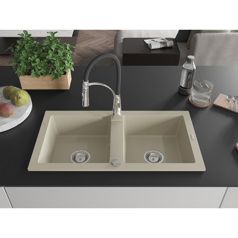 Mexen Mario granite double-bowl sink with Aster kitchen faucet, beige - 6504-69-73450-07