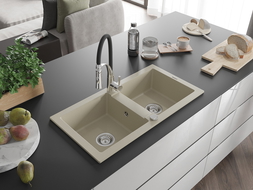 Mexen Mario 2-compartment granite sink with a kitchen mixer tap Aster, Beige - 6504-69-73450-07