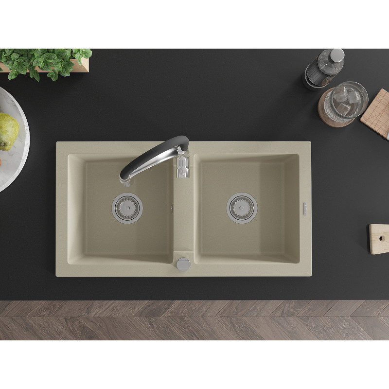 Mexen Mario granite double-bowl sink with Aster kitchen faucet, beige - 6504-69-73450-07