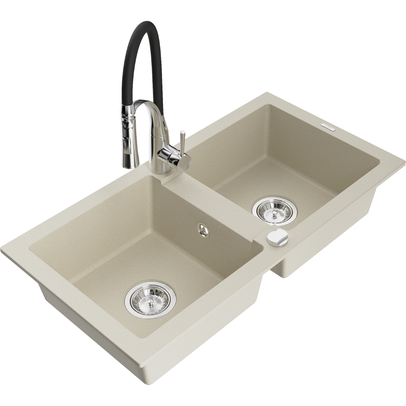 Mexen Mario 2-bowl granite kitchen sink with Aster tap, beige - 6504-69-73450-07