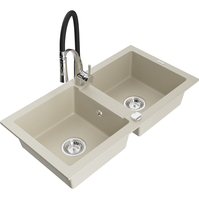 Mexen Mario granite double-bowl sink with Aster kitchen faucet, beige - 6504-69-73450-07