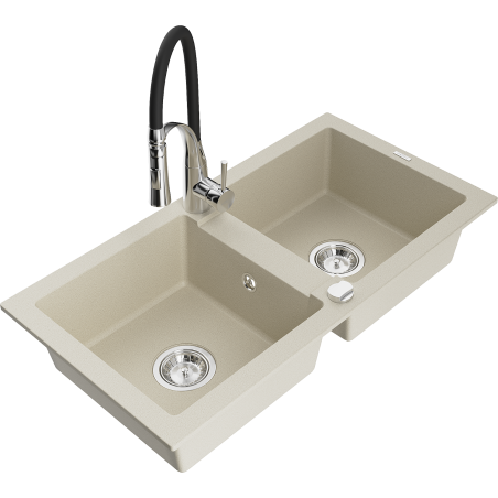 Mexen Mario 2-bowl granite kitchen sink with Aster tap, beige - 6504-69-73450-07