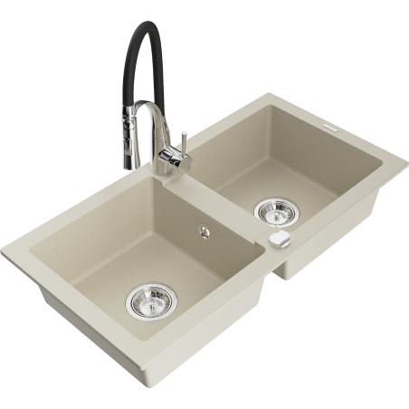 Mexen Mario granite double-bowl sink with Aster kitchen faucet, beige - 6504-69-73450-07
