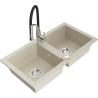 Mexen Mario granite double-bowl sink with Aster kitchen faucet, beige - 6504-69-73450-07