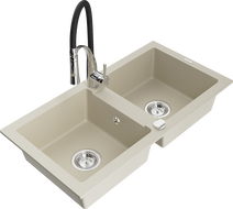 Mexen Mario 2-compartment granite sink with a kitchen mixer tap Aster, Beige - 6504-69-73450-07