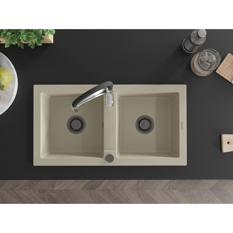 Mexen Mario 2-bowl granite sink with Aster kitchen faucet, beige - 6504-69-73450-07-B