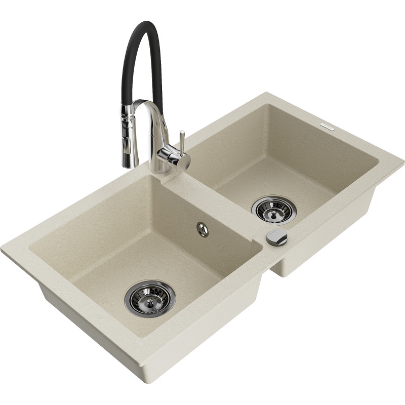 Mexen Mario granite double-bowl kitchen sink with Aster kitchen faucet, beige - 6504-69-73450-07-B