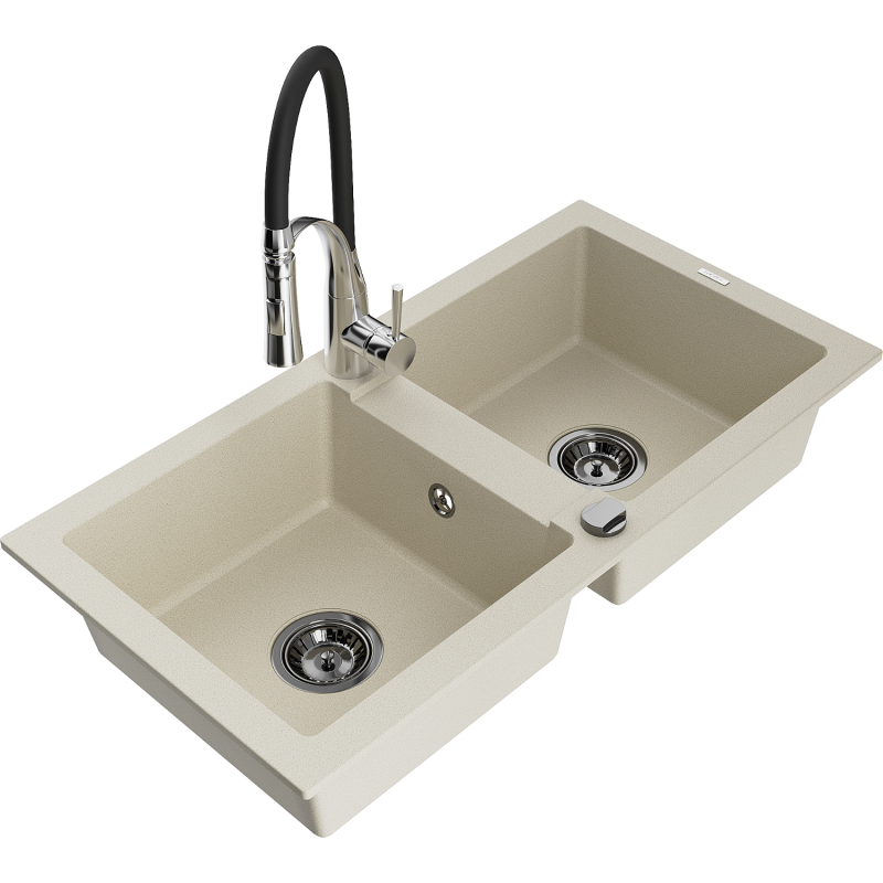 Mexen Mario granite sink 2-bowl with Aster kitchen tap, beige - 6504-69-73450-07-B