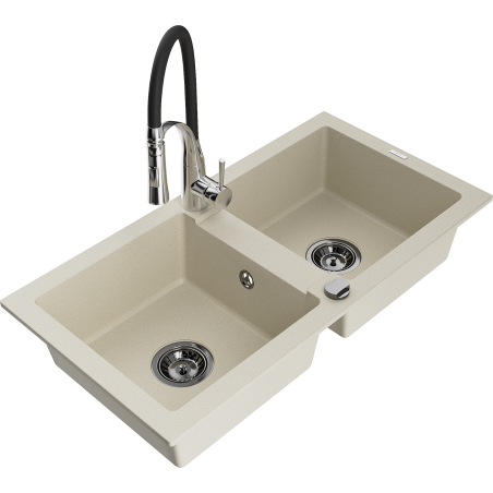 Mexen Mario granite sink 2-bowl with Aster kitchen tap, beige - 6504-69-73450-07-B
