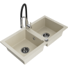 Mexen Mario granite sink 2-bowl with Aster kitchen tap, beige - 6504-69-73450-07-B
