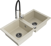 Mexen Mario granite sink 2-bowl with Aster kitchen tap, beige - 6504-69-73450-07-B