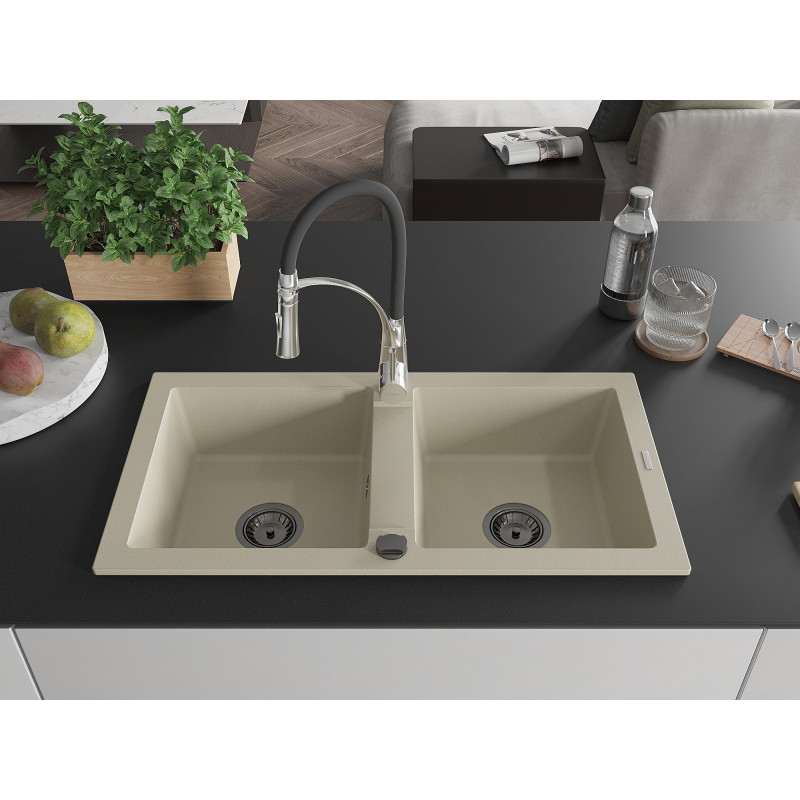 Mexen Mario granite double-bowl kitchen sink with Aster kitchen faucet, beige - 6504-69-73450-07-B