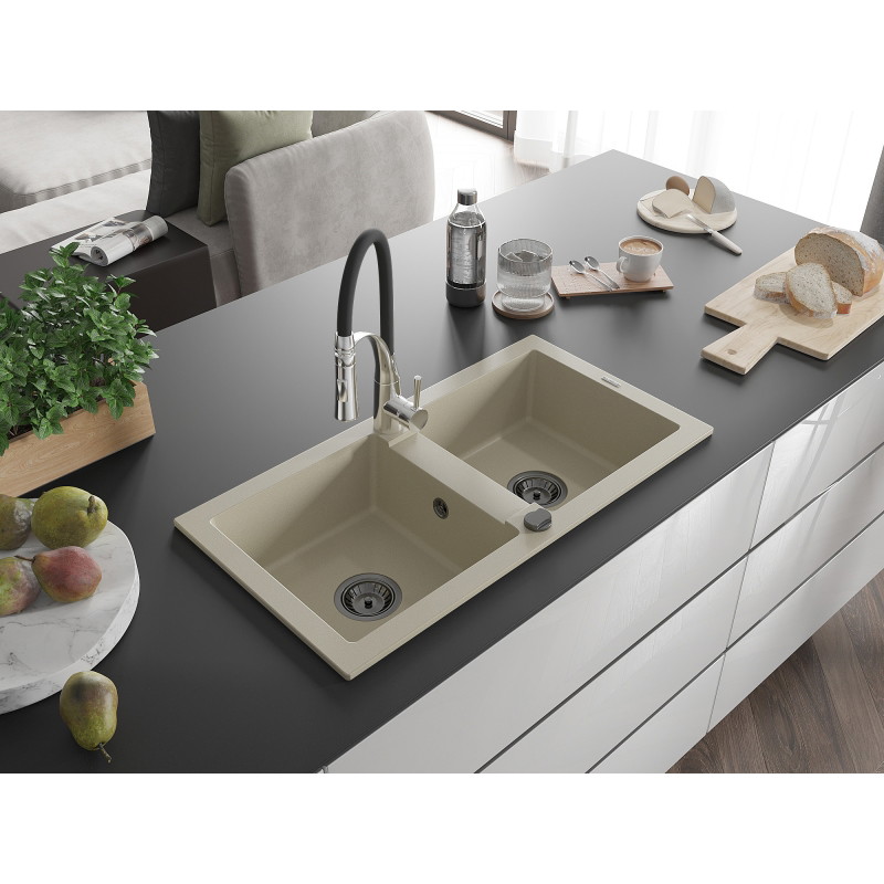 Mexen Mario granite double-bowl kitchen sink with Aster kitchen faucet, beige - 6504-69-73450-07-B