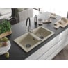 Mexen Mario granite sink 2-bowl with Aster kitchen tap, beige - 6504-69-73450-07-B
