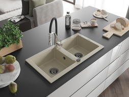 Mexen Mario 2-compartment granite sink with a kitchen mixer tap Aster, Beige - 6504-69-73450-07-B