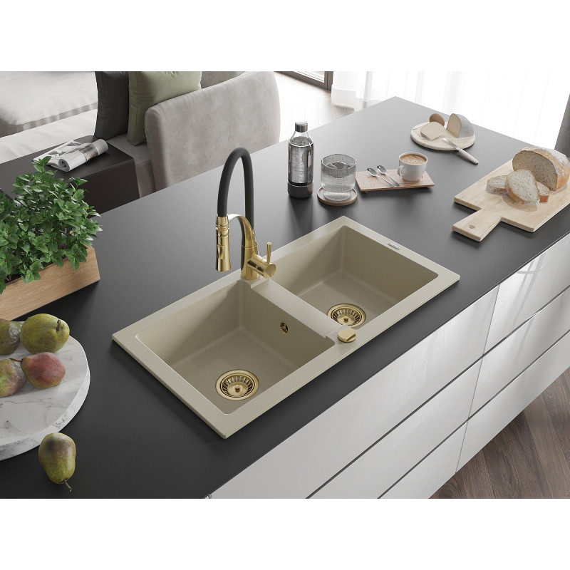 Mexen Mario 2-bowl granite kitchen sink with Aster faucet, beige - 6504-69-73450-57-G