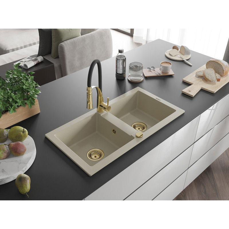 Mexen Mario 2-bowl Granite Sink with Aster Kitchen Tap, Beige - 6504-69-73450-57-G