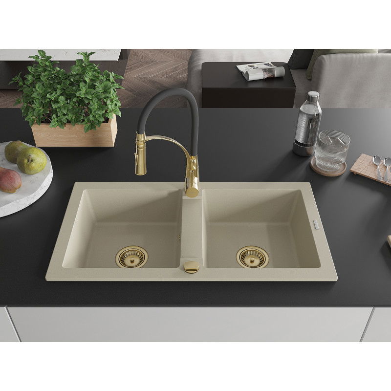 Mexen Mario 2-bowl Granite Sink with Aster Kitchen Tap, Beige - 6504-69-73450-57-G