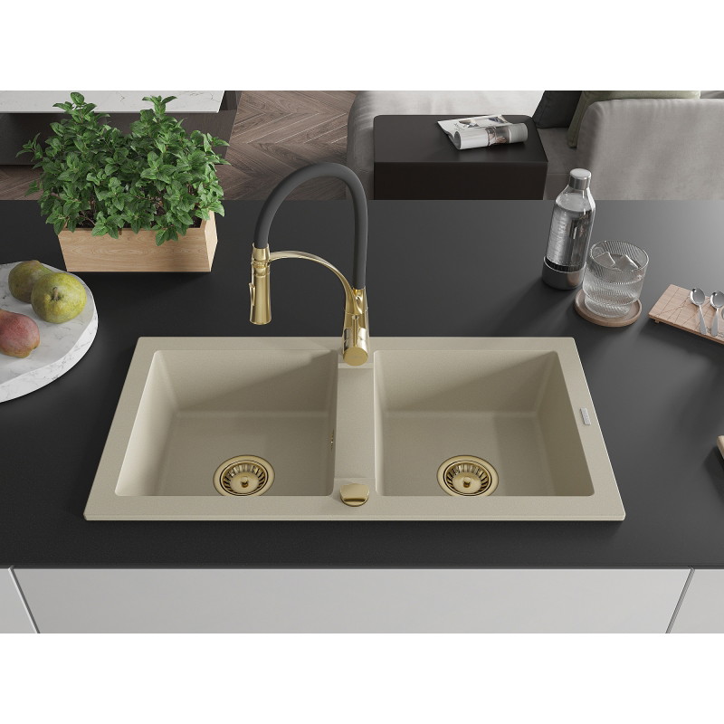Mexen Mario granite 2-bowl kitchen sink with Aster faucet, beige - 6504-69-73450-57-G
