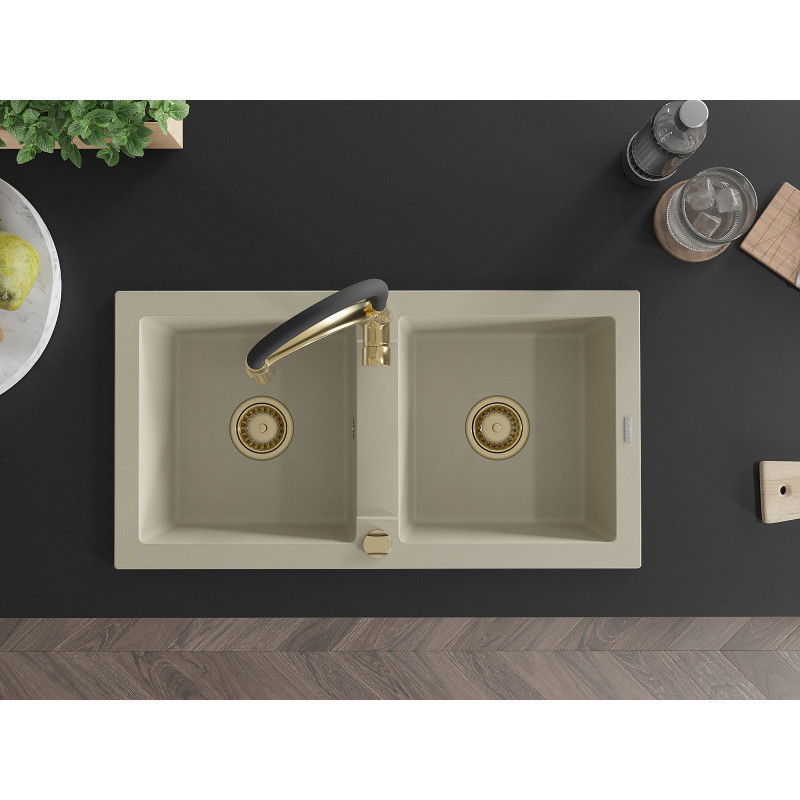 Mexen Mario 2-bowl Granite Sink with Aster Kitchen Tap, Beige - 6504-69-73450-57-G