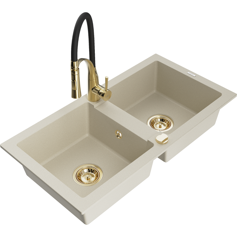 Mexen Mario 2-compartment granite sink with a kitchen mixer tap Aster, Beige - 6504-69-73450-57-G