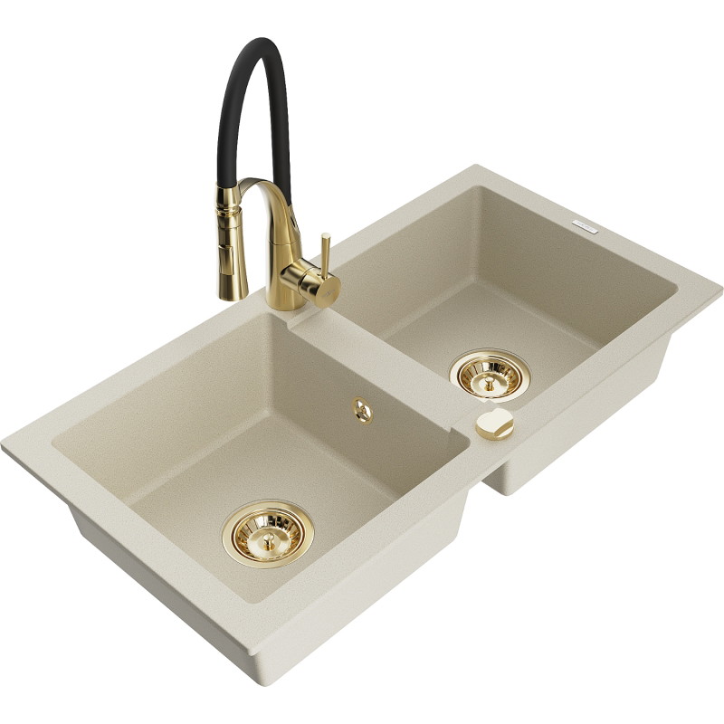 Mexen Mario granite 2-bowl kitchen sink with Aster faucet, beige - 6504-69-73450-57-G