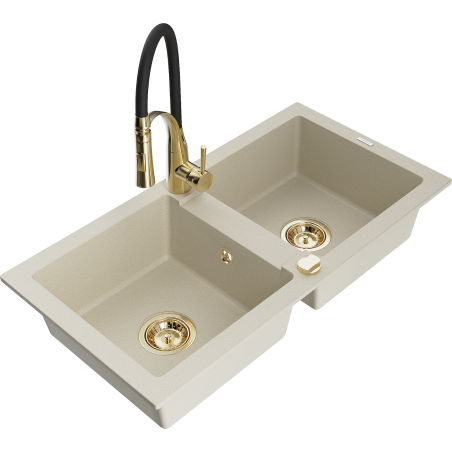 Mexen Mario 2-bowl Granite Sink with Aster Kitchen Tap, Beige - 6504-69-73450-57-G