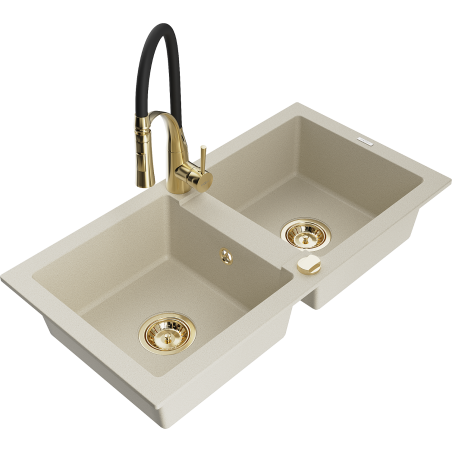 Mexen Mario 2-compartment granite sink with a kitchen mixer tap Aster, Beige - 6504-69-73450-57-G