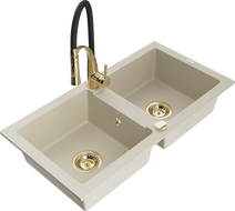 Mexen Mario 2-bowl Granite Sink with Aster Kitchen Tap, Beige - 6504-69-73450-57-G