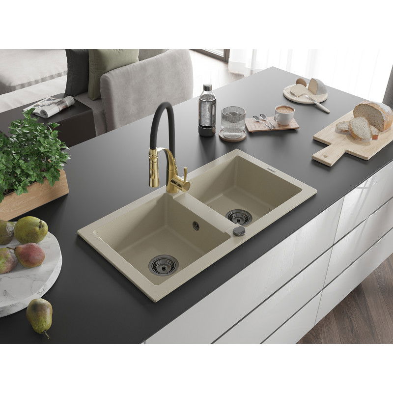 Mexen Mario Granite 2-Bowl Kitchen Sink with Aster Tap, Beige - 6504-69-73450-57-B