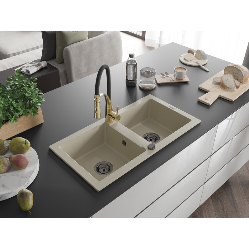 Mexen Mario granite double-bowl kitchen sink with Aster faucet, beige - 6504-69-73450-57-B