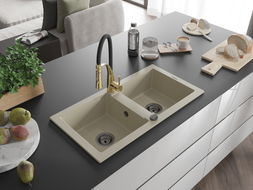 Mexen Mario granite double-bowl kitchen sink with Aster faucet, beige - 6504-69-73450-57-B