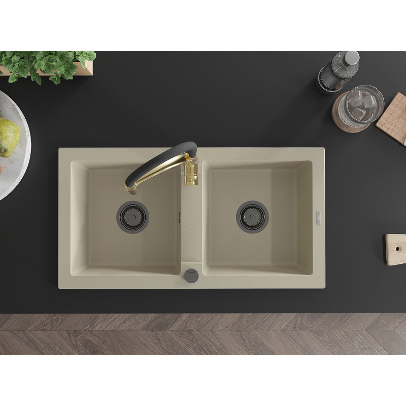Mexen Mario granite sink 2-bowl with Aster kitchen faucet, beige - 6504-69-73450-57-B