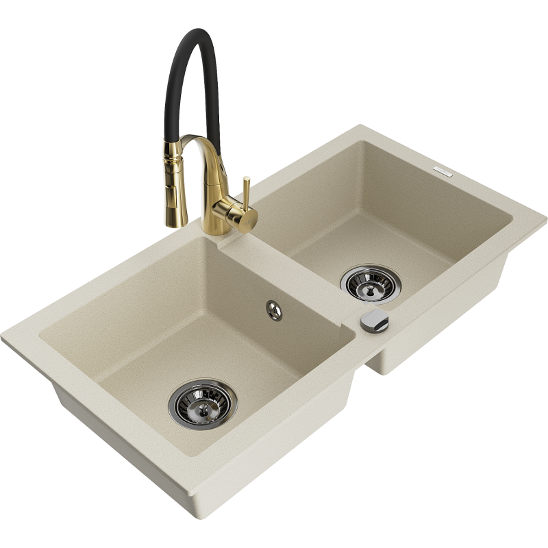Mexen Mario 2-compartment granite sink with a kitchen mixer tap Aster, Beige - 6504-69-73450-57-B