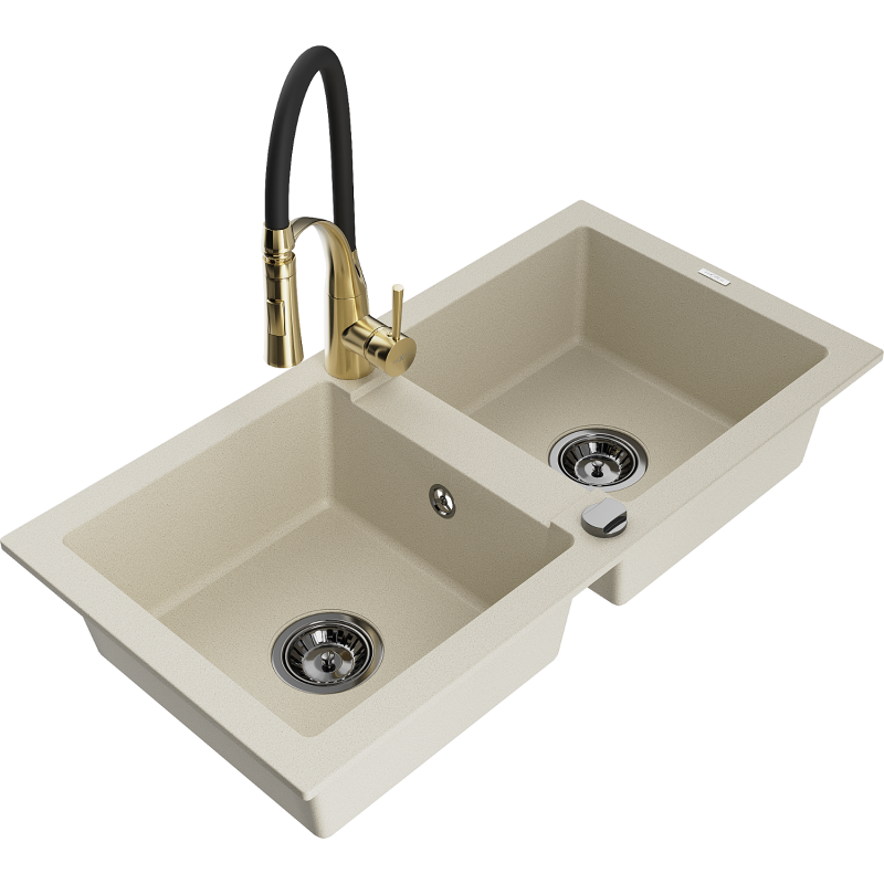 Mexen Mario Granite 2-Bowl Kitchen Sink with Aster Tap, Beige - 6504-69-73450-57-B