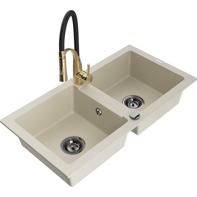 Mexen Mario granite sink 2-bowl with Aster kitchen faucet, beige - 6504-69-73450-57-B