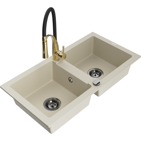 Mexen Mario Granite 2-Bowl Kitchen Sink with Aster Tap, Beige - 6504-69-73450-57-B