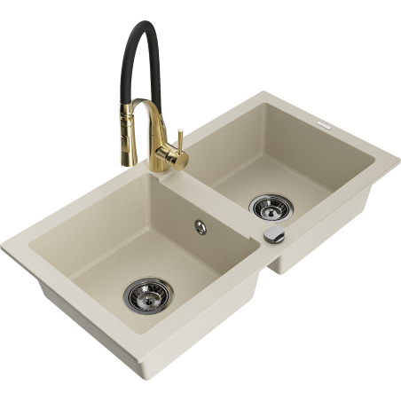 Mexen Mario granite sink 2-bowl with Aster kitchen faucet, beige - 6504-69-73450-57-B