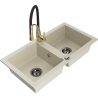 Mexen Mario granite double-bowl kitchen sink with Aster faucet, beige - 6504-69-73450-57-B