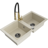 Mexen Mario granite sink 2-bowl with Aster kitchen faucet, beige - 6504-69-73450-57-B