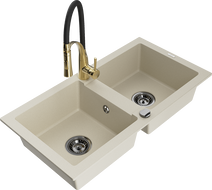 Mexen Mario granite double-bowl kitchen sink with Aster faucet, beige - 6504-69-73450-57-B