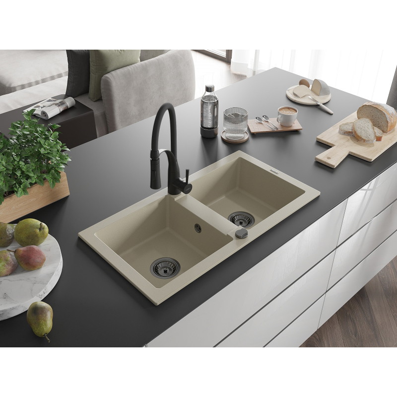 Mexen Mario 2-bowl granite sink with Aster kitchen faucet, beige - 6504-69-73450-70-B