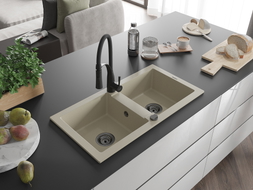 Mexen Mario 2-bowl granite sink with Aster kitchen faucet, beige - 6504-69-73450-70-B